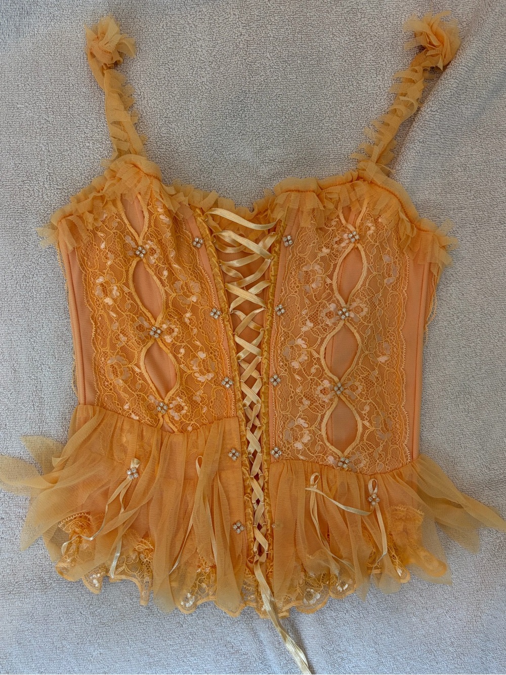 Emphasis Paris Yellow Lace-Up Tulle Corset Top
